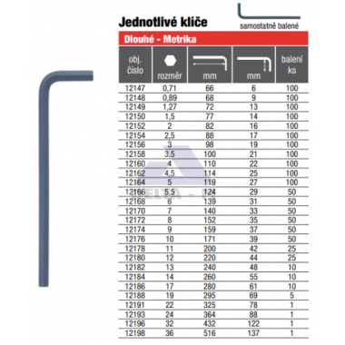 Klíč "L" imbus 8mm dlouhý 163mm